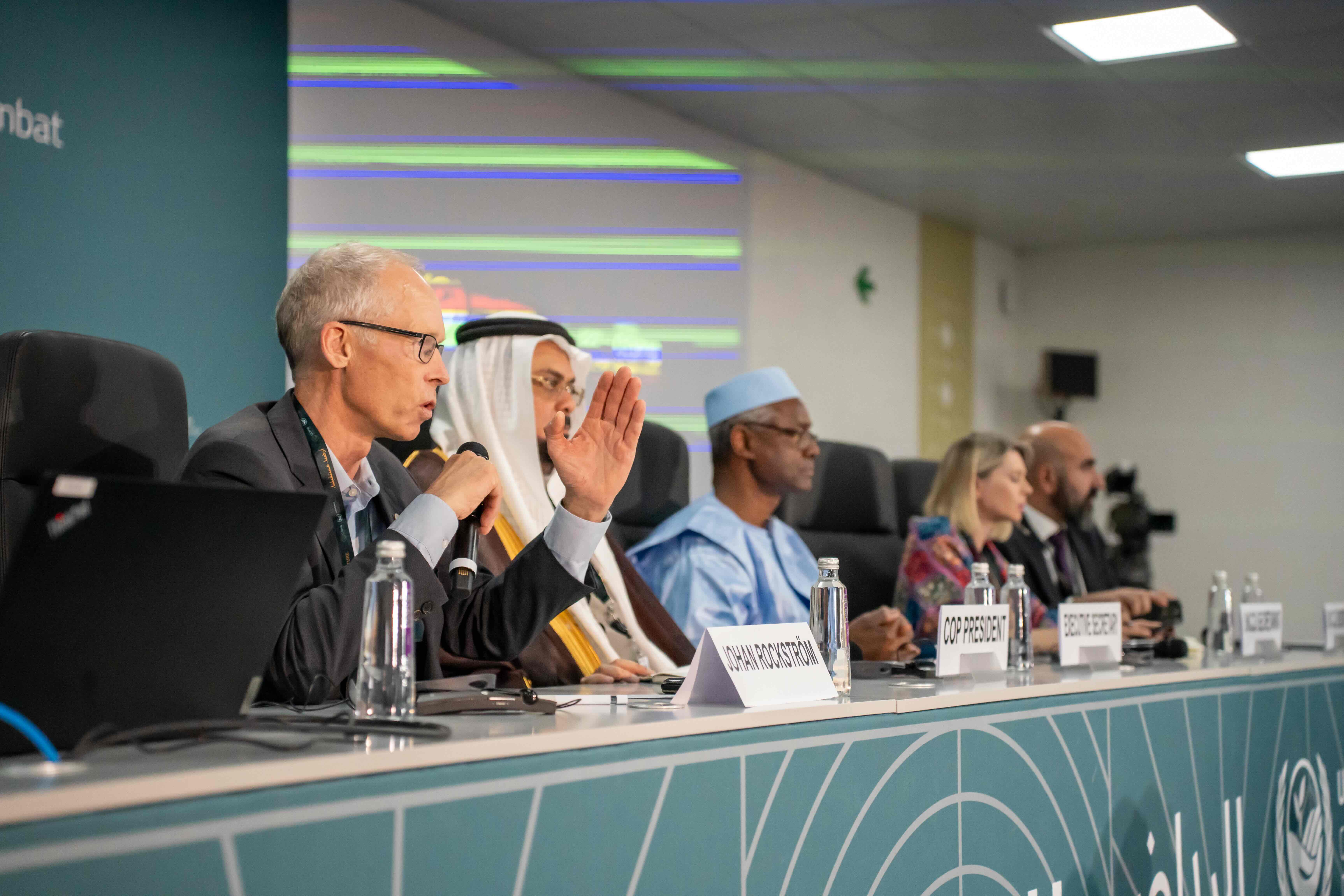 Top officials speak at a press conference on the first day of COP16 in Riyadh on Monday. AN photo by Loai El-Kelawy