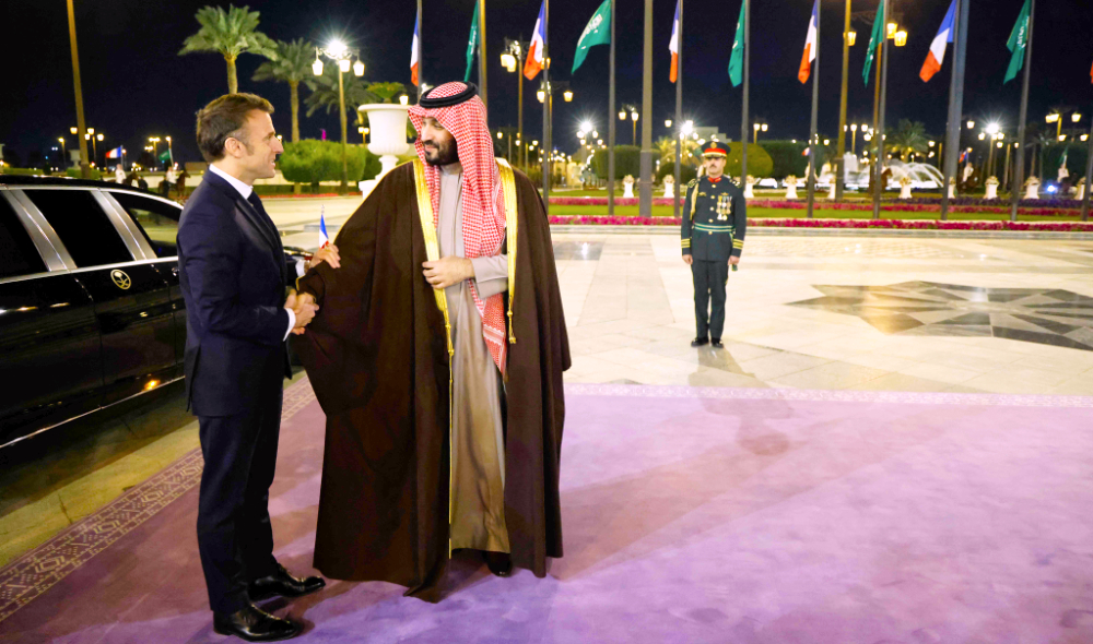 French President Emmanuel Macron is welcomed by Crown Prince Mohammed bin Salman to Riyadh. (AFP)