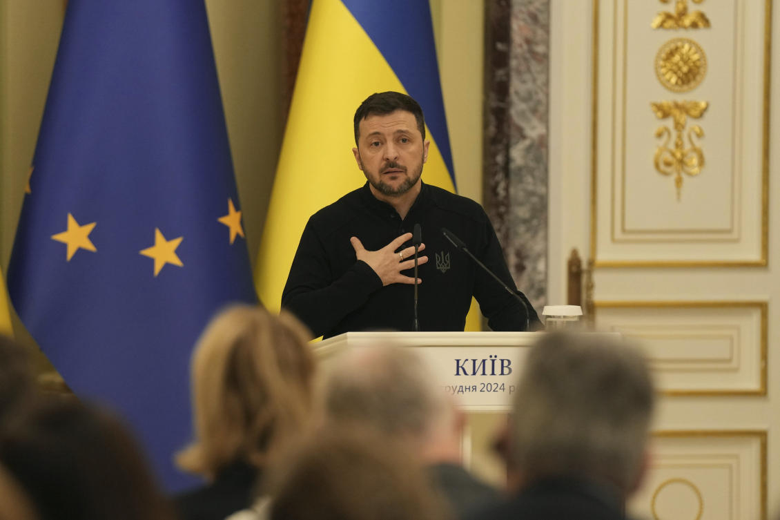President Volodymyr Zelensky earlier said an offer of NATO membership to territory under Kyiv’s control would end ‘the hot stage of the war’ in Ukraine. (AP)