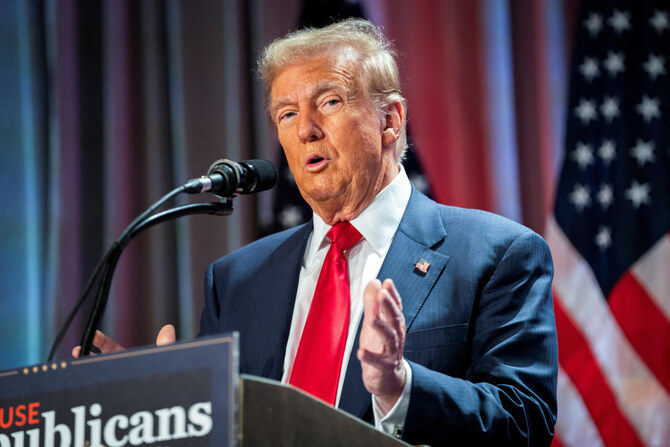 US President-elect Donald Trump speaks during a meeting with House Republicans at the Hyatt Regency hotel in Washington on Nov. 13, 2024. (Reuters/File)