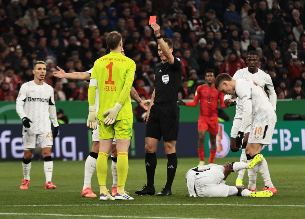 Bayern Munich's Manuel Neuer is shown a red card. (Reuters)