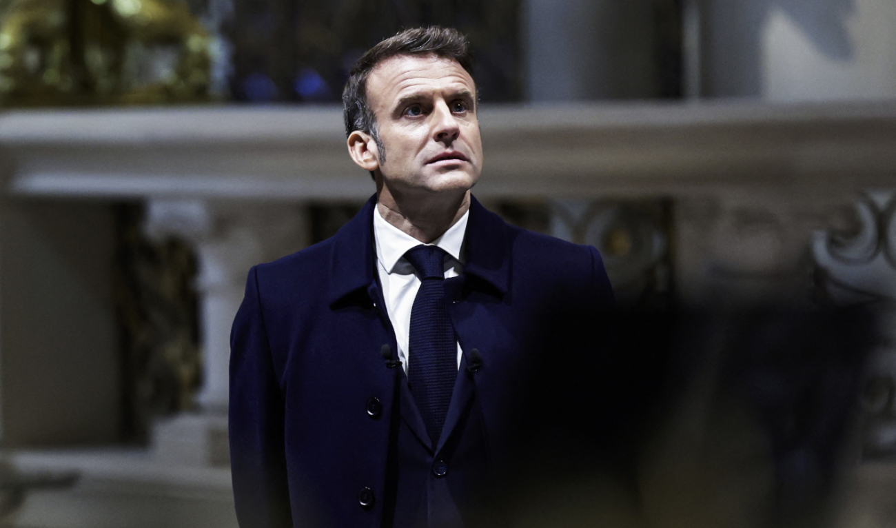 French President Emmanuel Macron looks up during a visit of Notre-Dame de Paris cathedral in Paris, on November 29, 2024. (AFP/File)