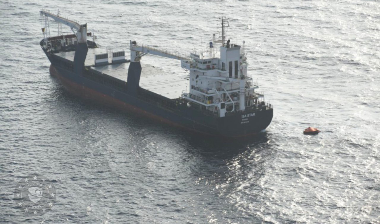 The vessel had reported flooding in the engine room, and the master requested assistance, as its crew of 20 were forced to abandon it. (X/@EUNAVFORASPIDES)