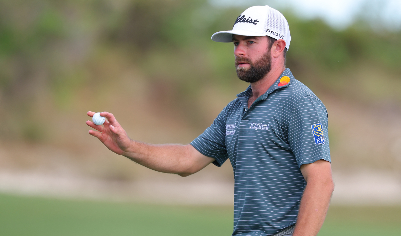 Cameron Young of the US reacts on the 18th green during the first round of the Hero World Challenge 2024 at Albany Golf Course on Dec. 5, 2024 in Nassau, Bahamas. (AFP)