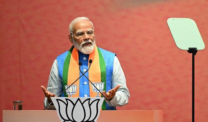 India’s Prime Minister Narendra Modi addresses an event of Bharatiya Janata Party’s (BJP), in New Delhi on April 14, 2024. (AFP/File)