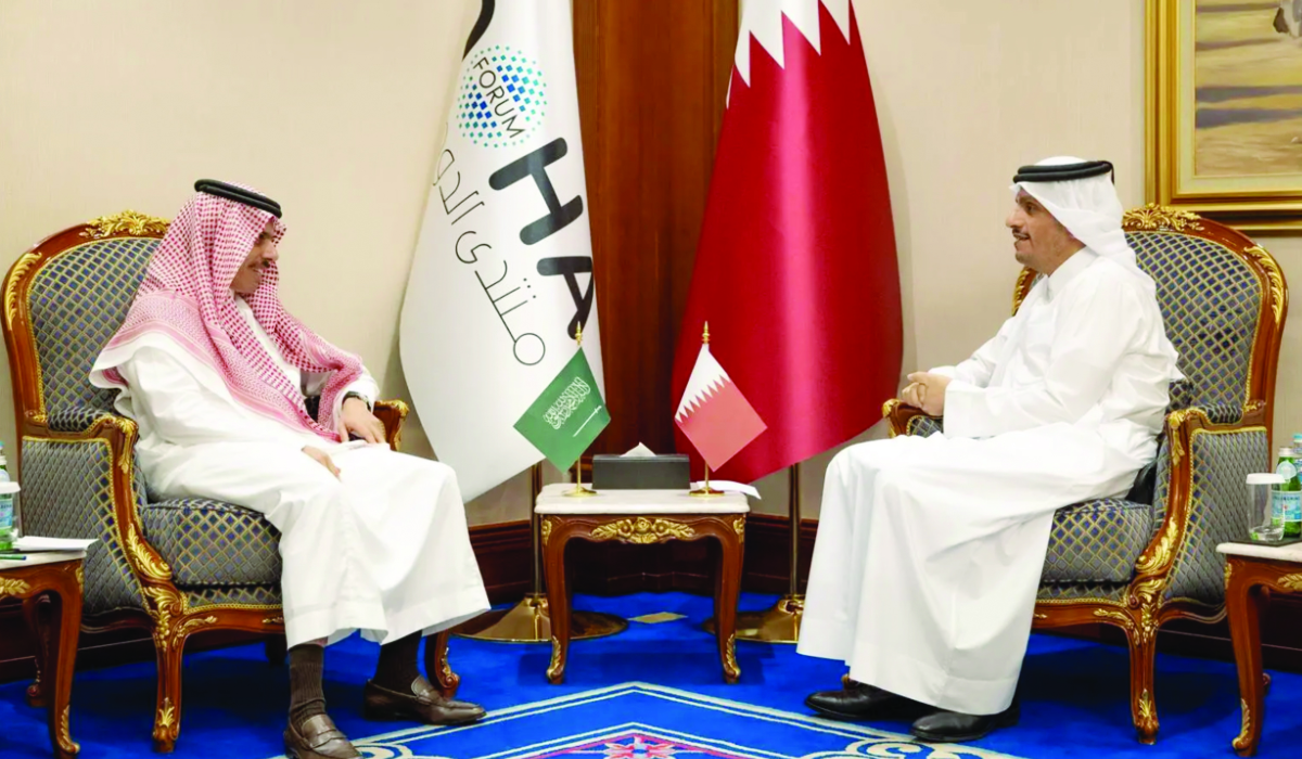 Prince Faisal bin Farhan holds talks with Sheikh Mohammed bin Abdulrahman bin Jassim Al-Thani in Doha. (Supplied)