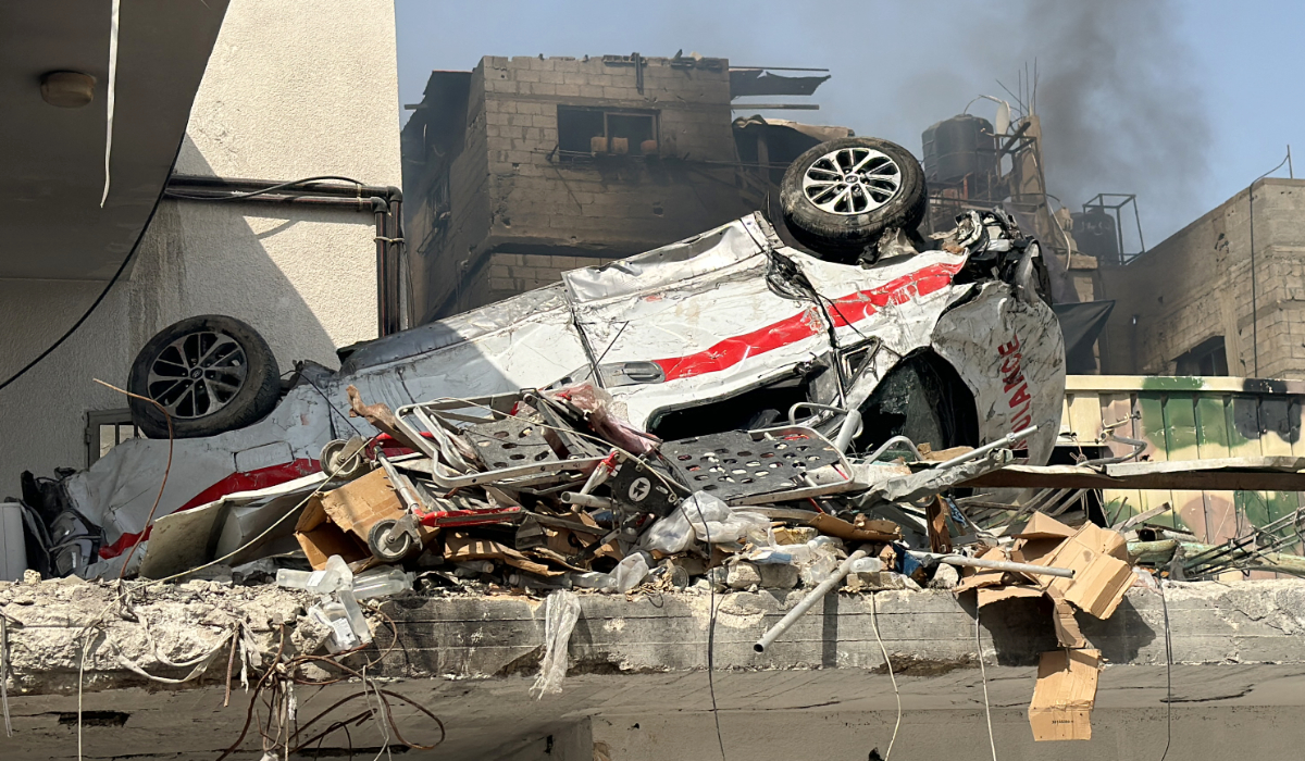 A picture shows the damage to an ambulance at the Kamal Adwan Hospital in Beit Lahia the northern Gaza Strip on October 26, 2024 amid the ongoing war in the Palestinian territory between Israel and Hamas. (AFP)