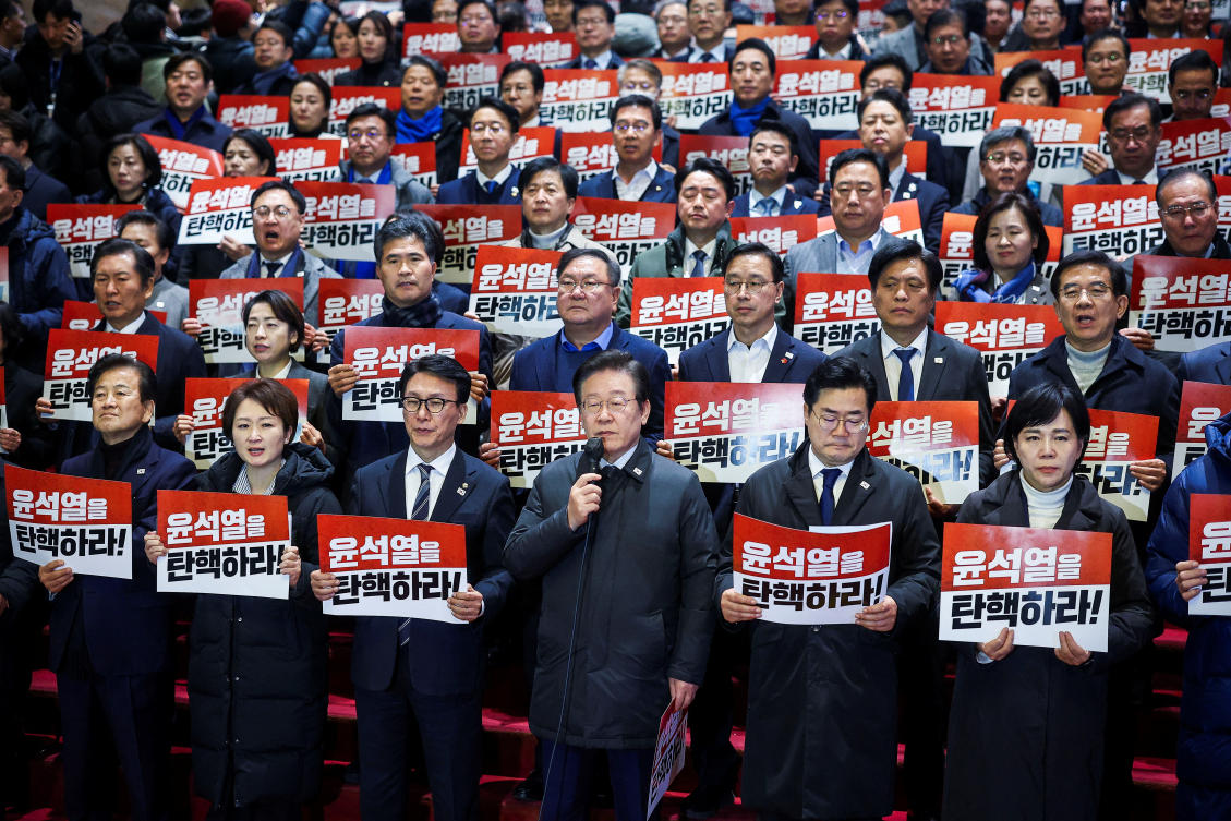 South Korea’s main opposition Democratic Party leader Lee Jae-myung and lawmakers reiterated that President Yoon Suk Yeol must either resign immediately or be impeached without delay. (Reuters)