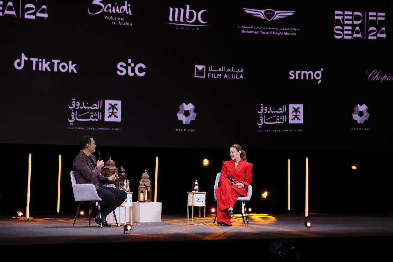 Dhaffer L’Abidine and Olivia Wilde speak on stage during the In Conversation With Olivia Wilde at the Red Sea International Film Festival 2024 on Dec. 8, 2024 in Jeddah, Saudi Arabia. (Getty Images)
