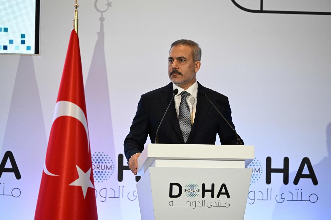Turkish Foreign Minister Hakan Fidan addresses the Doha Forum in the Qatari capital on December 8, 2024. (AFP)
