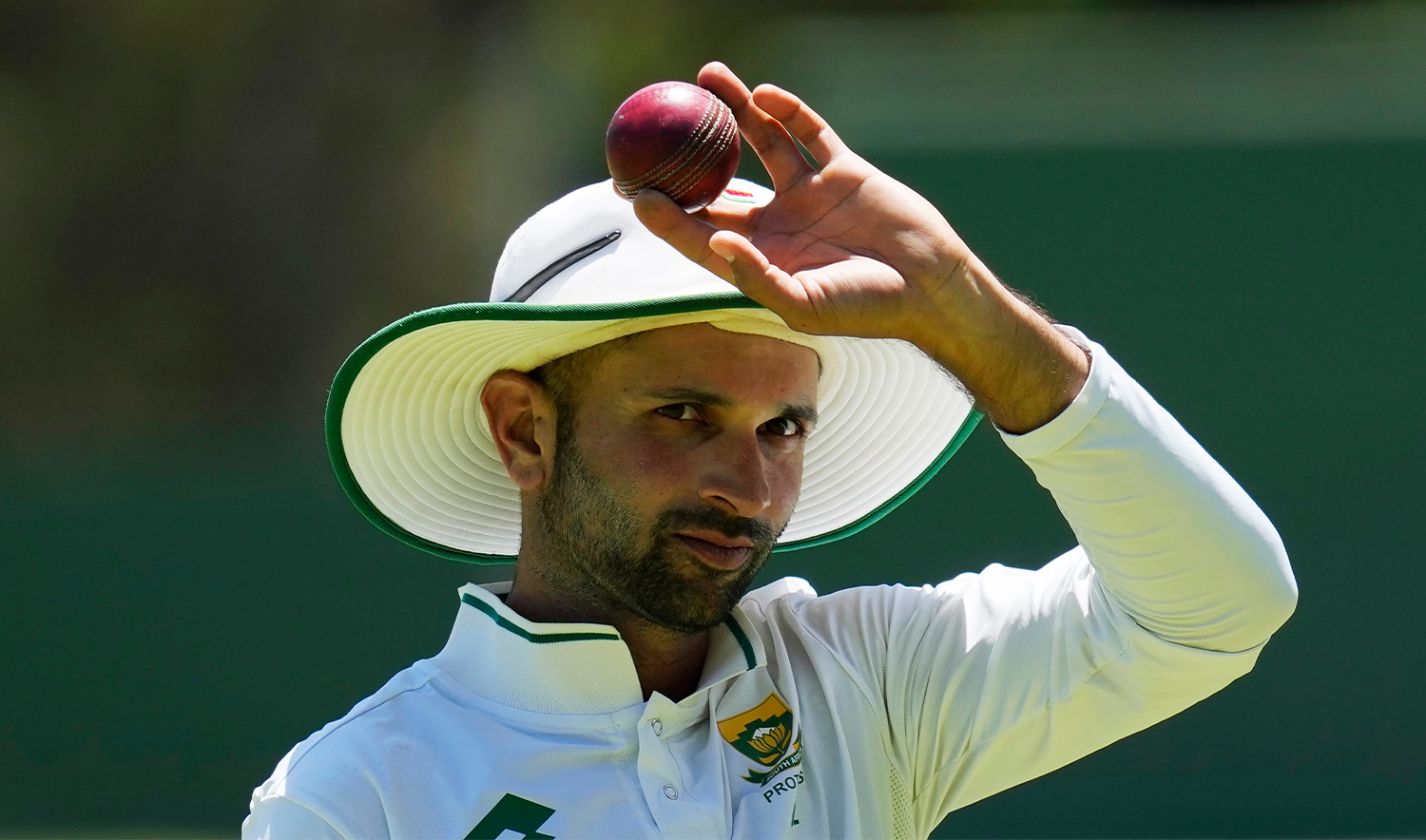 South Africa's Keshav Maharaj holds the ball after taking five-wicket following the fifth day of the second Test cricket match between South Africa and Sri Lanka, at St George's Park in Gqeberha, South Africa, on December 9, 2024. (AP)