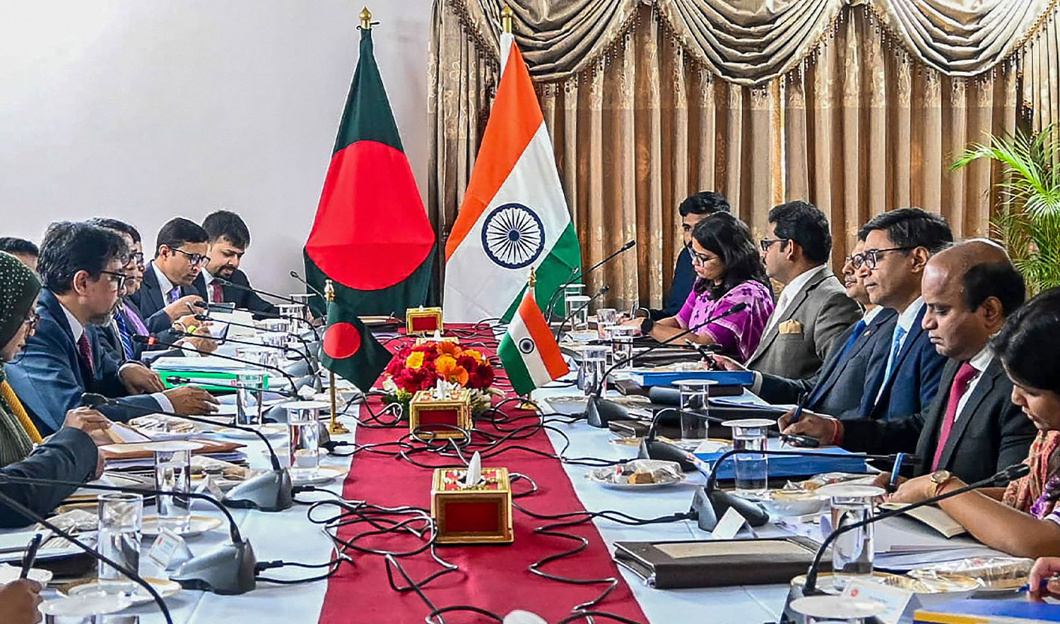 This handout photograph taken on December 9, 2024 and released by Bangladesh's Ministry of Foreign Affairs shows India's foreign secretary Vikram Misri (3R) and his Bangladesh's counterpart Mohammad Jashim Uddin (2L) during a meeting in Dhaka. India's top career diplomat was in Bangladesh on December 9 to defuse tensions between the two neighbours arising from the August overthrow of autocratic ex-premier Sheikh Hasina in a student-led revolution. (Bangladesh's Ministry of Foreign Affairs /AFP)