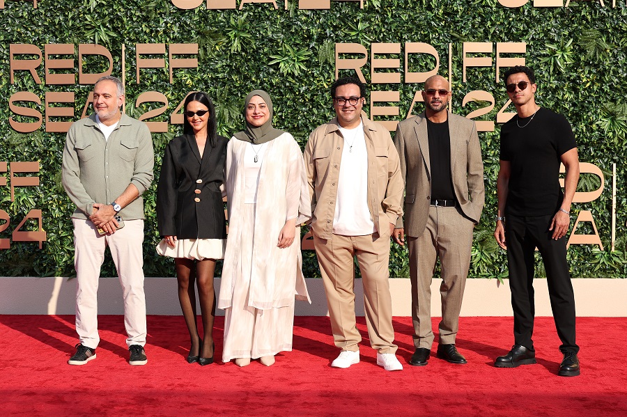 Mohamed Hefzy, Rakeen Saad, Rasha Hosny, Khaled Mansour, Abhmed Bahaa and Essam Omar attends the screening of "Seeking Haven for Mr. Rambo" at the Red Sea International Film Festival 2024 in Jeddah. (Getty Images)