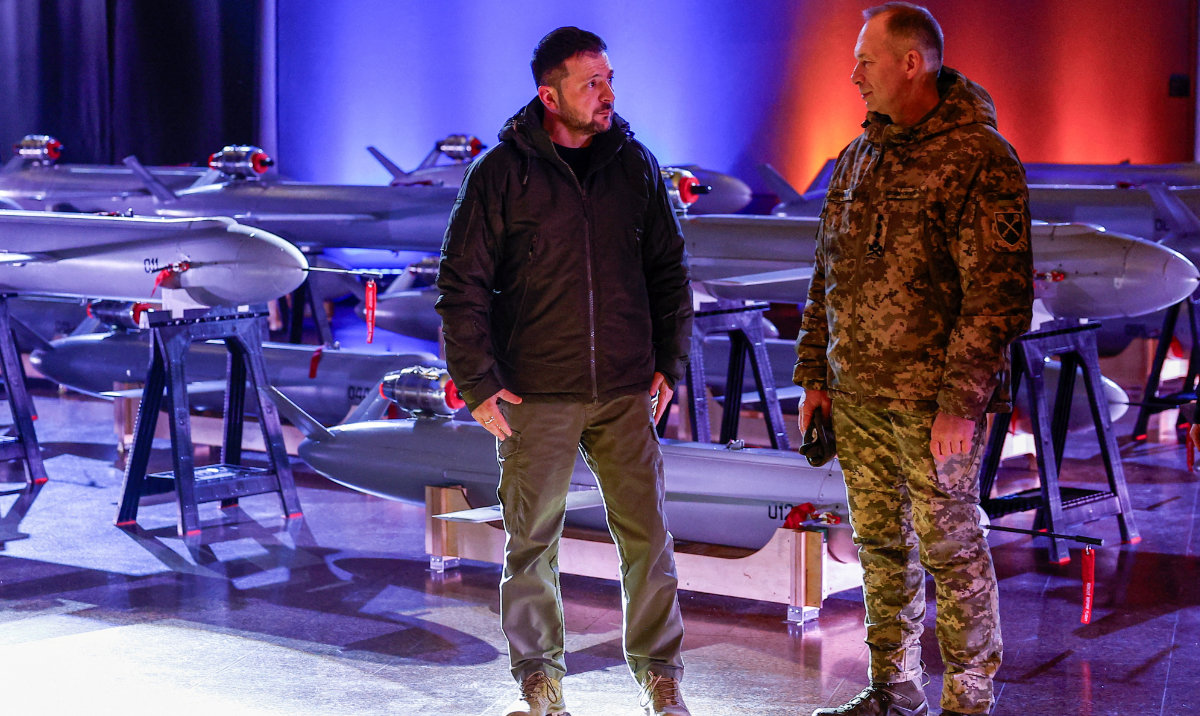 Ukraine's President Volodymyr Zelenskiy and Commander in Chief of the Ukrainian Armed Forces Colonel General Oleksandr Syrskyi visit an exhibition of new Ukrainian made drone-missiles Peklo dedicated to the Day of Ukrainian Armed Forces, amid Russia's attack on Ukraine, in Kyiv, Ukraine December 6, 2024. (Reuters)