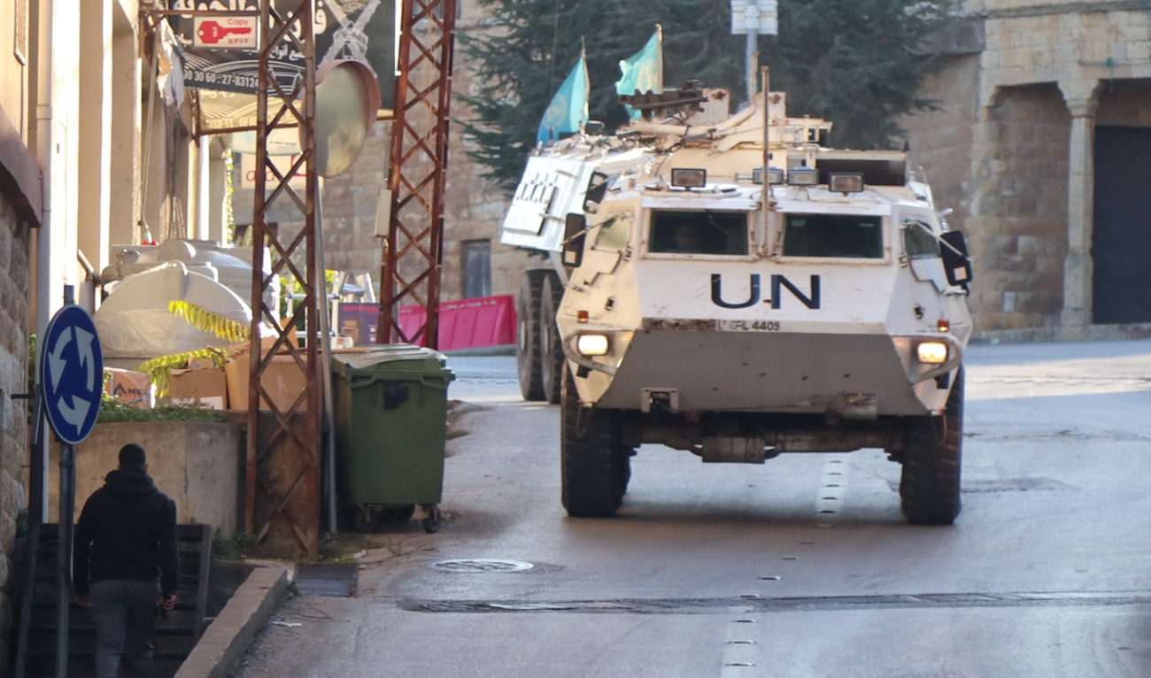 Armoured vehicles of the United Nations Interim Forces in Lebanon (UNIFIL) patrol the streets of the southern area of Marjayoun near the border with Israel on December 6, 2024. (AFP/File)