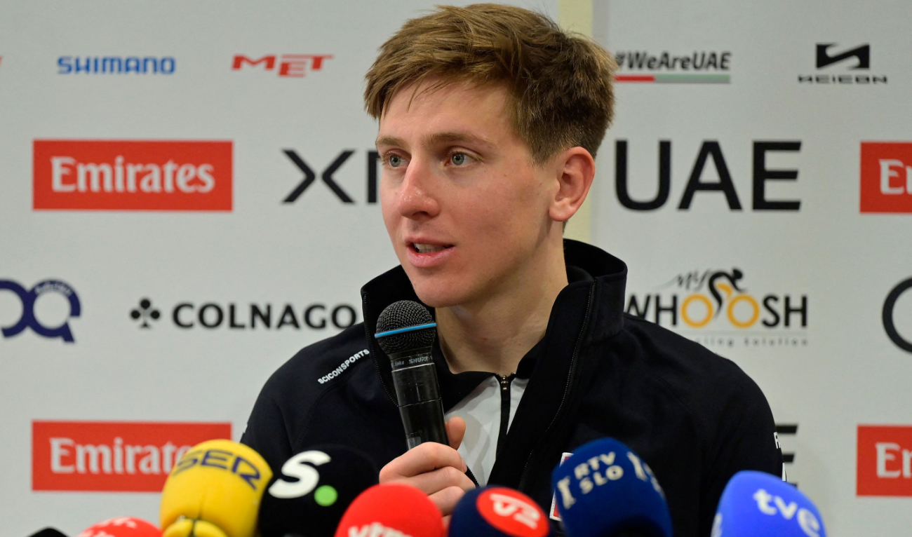 UAE Team’s Slovenian cyclist Tadej Pogacar speaks to members of the media during the press conference at the Grand Luxor hotel in Benidorm, Spain, on Dec. 10, 2024. (AFP)