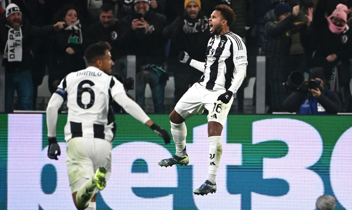 Juventus’ US midfielder Weston McKennie (R) leaps in the air as he celebrates after scoring Juventus’ second goal during the UEFA Champions League, league phase day 6, match between Juventus and Manchester City at the Allianz stadium in Turin, on Dec. 11, 2024. (AFP)