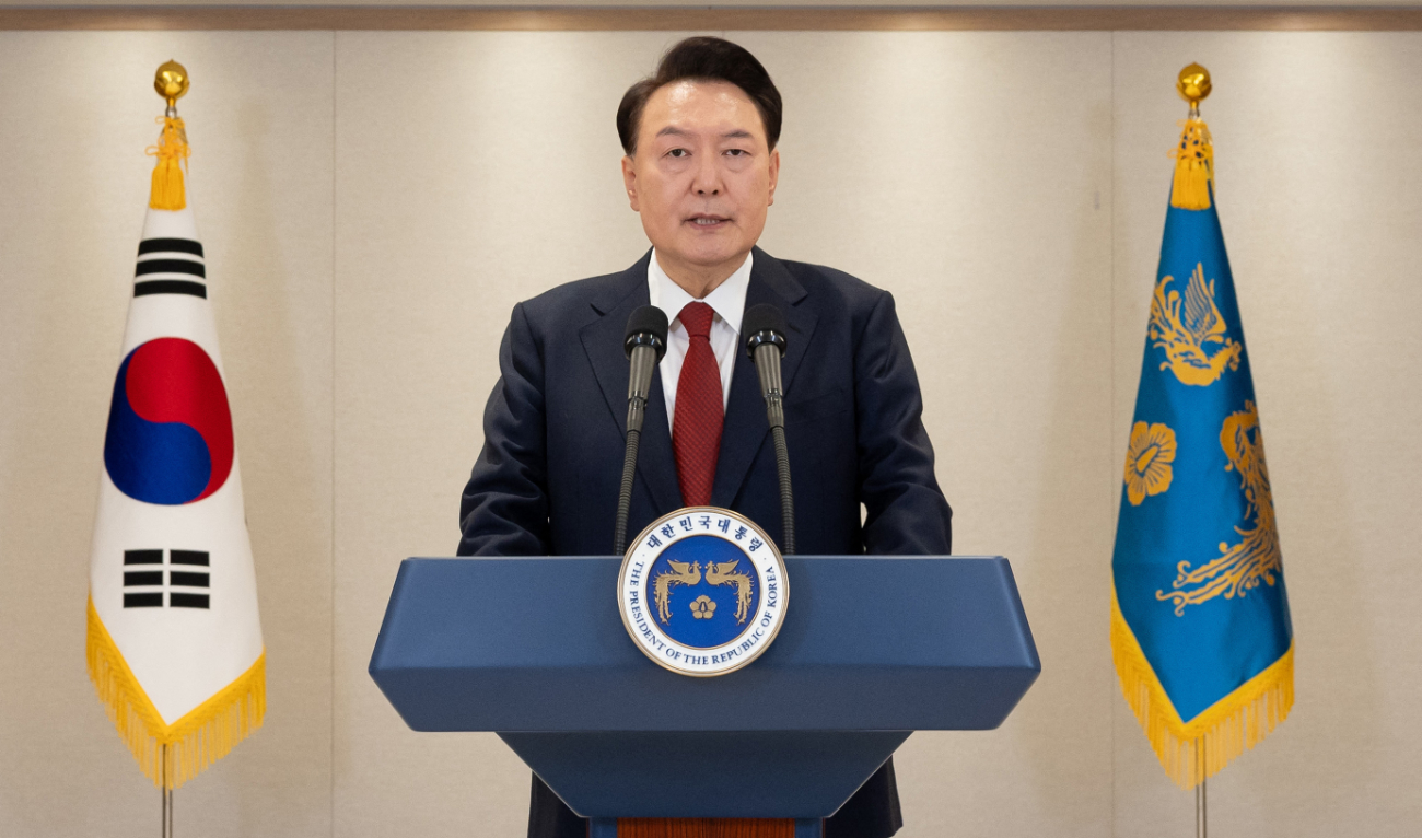 This handout photo taken on Dec. 12, 2024 and released by the South Korean Presidential Office via Yonhap shows South Korean President Yoon Suk Yeol delivering an address at the Presidential Office in Seoul. (AFP)