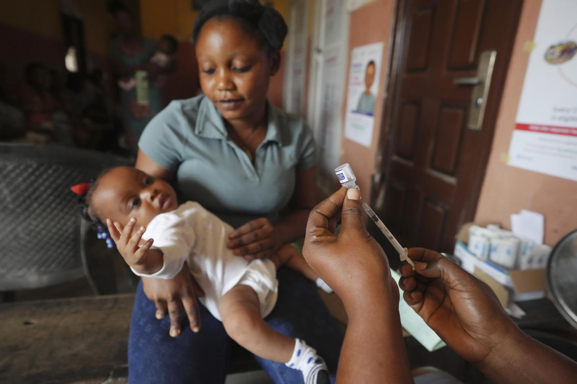 Nigeria began its anti-malaria campaign last week, offering a vaccine developed by Oxford University. Above, a health worker prepares to administer the malaria vaccine R21/Matrix-M to a child in Yenagoa on Dec. 9, 2024. (AP)