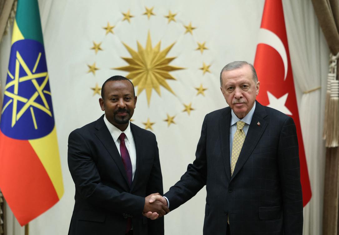 Turkish President Recep Tayyip Erdogan greets Ethiopia’s Prime Minister Abiy Ahmed at the Presidential Palace in Ankara, Dec. 11, 2024. (AFP)