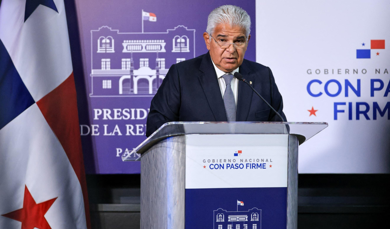 This handout picture released by the Panamanian Presidency shows President Jose Raul Mulino speaking during a press conference at the Las Garzas government palace in Panama City, on December 12, 2024. (AFP)
