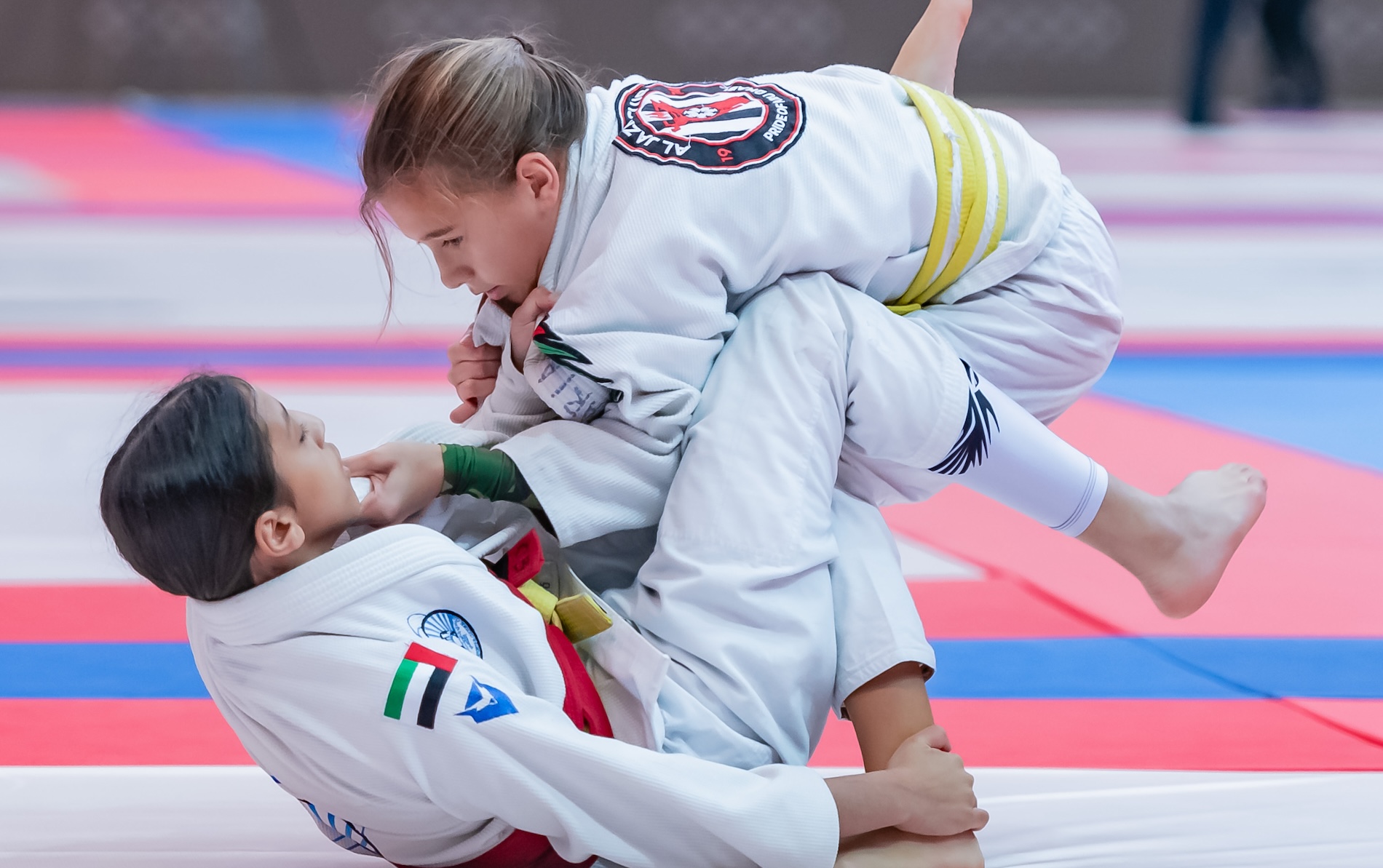 Competitions for the U-14 and U-12 categories in the fifth and final round of the Khaled bin Mohamed bin Zayed Jiu-Jitsu Championship were held at Mubadala Arena on Saturday (UAEJJF)