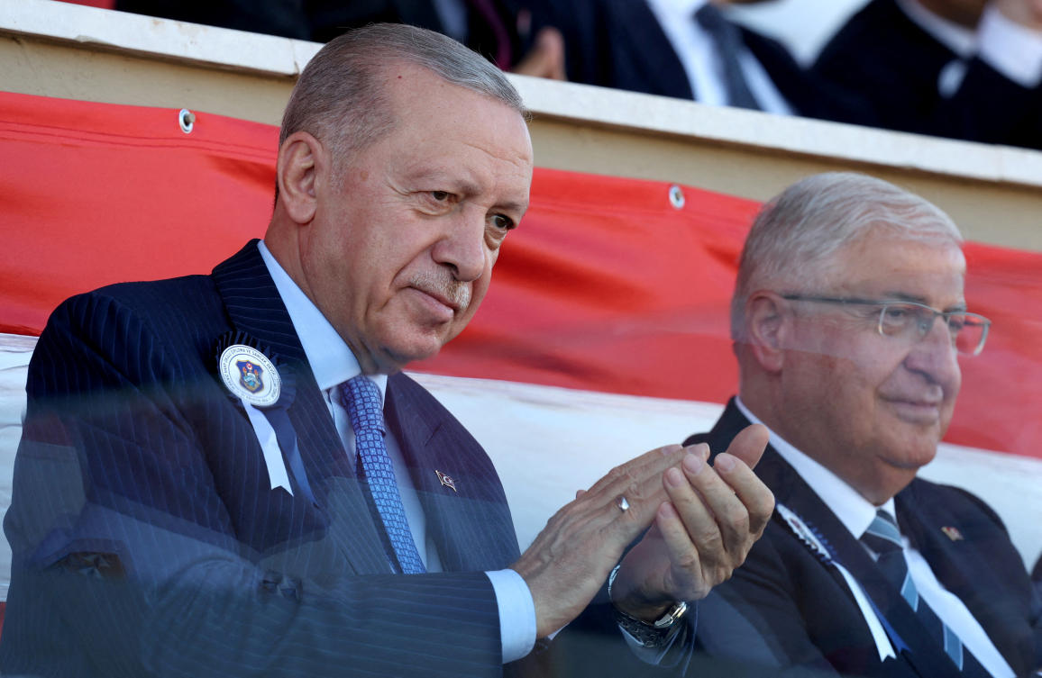 Turkish President Tayyip Erdogan, accompanied by Defence Minister Yasar Guler, attends a graduation ceremony at the Naval Academy in Istanbul, Turkey August 31, 2024. (Reuters)