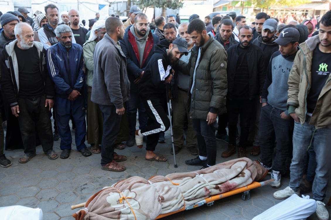 Mourners react during the funeral of Palestinians killed in an Israeli strike, at Al-Aqsa Martyrs Hospital, in Deir Al-Balah, in the central Gaza Strip, December 15, 2024. (Reuters)