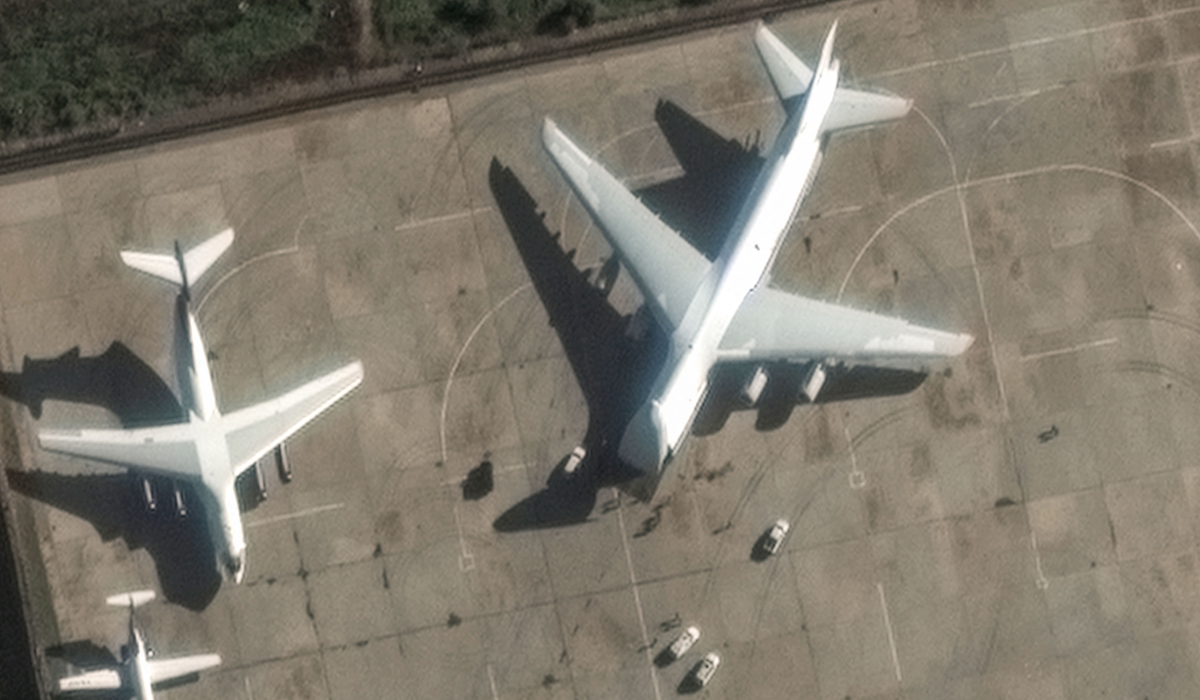 This handout satellite image released by Maxar Technologies on December 13, 2024 shows an Antonov An-124 heavy transport aircraft preparing to load equipment at the Russian Hmeimim Air Base in Syria's western province of Latakia. (AFP)