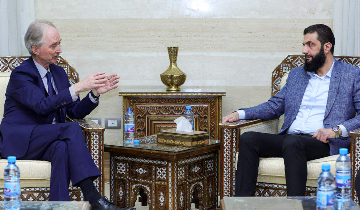 UN Special Envoy Geir Pedersen meets with Hayat Tahrir Al-Sham leader Ahmed Al-Sharaa in Damascus on Dec. 15, 2024 in this handout photo provided by Syria’s interim government. (AFP)
