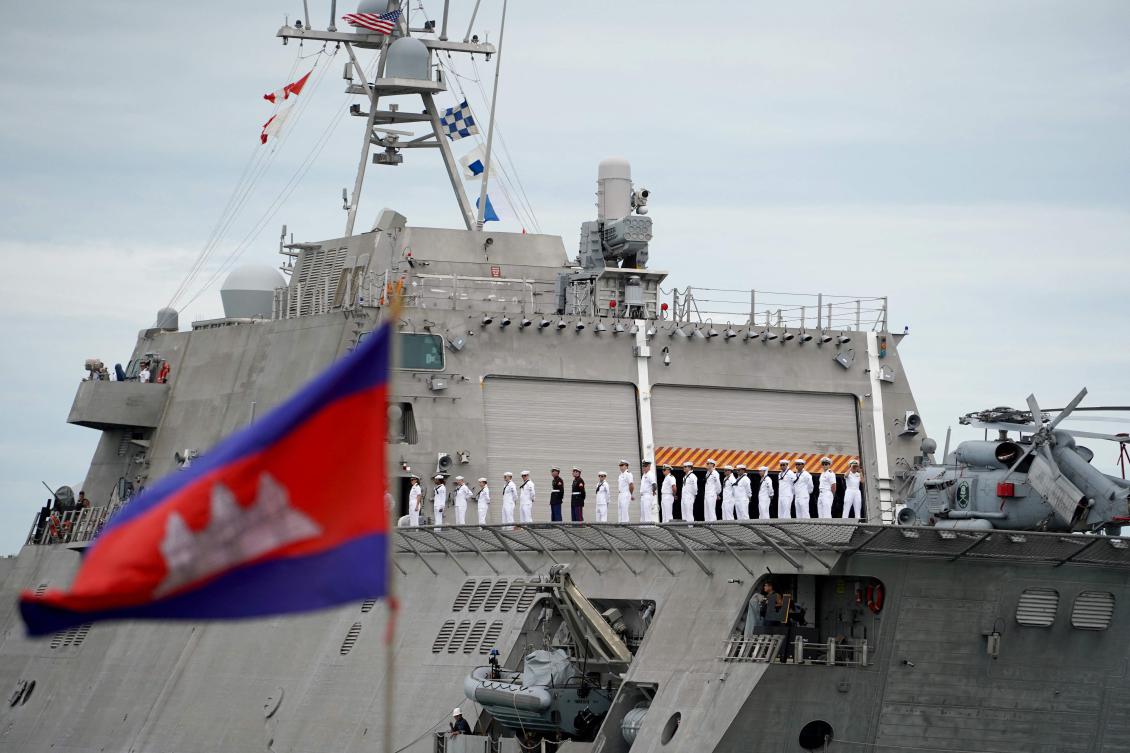 Crew members of the USS Savannah combat ship line up as they prepare to dock in Cambodia’s southern port city of Sihanoukville on Dec. 16, 2024. (AFP)