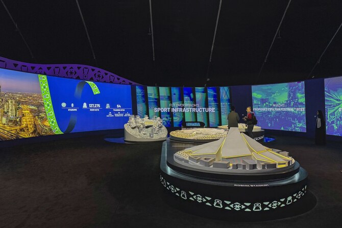A detailed model of Riyadh's proposed sports infrastructure is on display at the Saudi Arabia World Cup bid exhibition in Riyadh, Saudi Arabia, Dec. 11, 2024. The exhibition highlights the Kingdom's plans for hosting the 2034 World Cup. (AP)