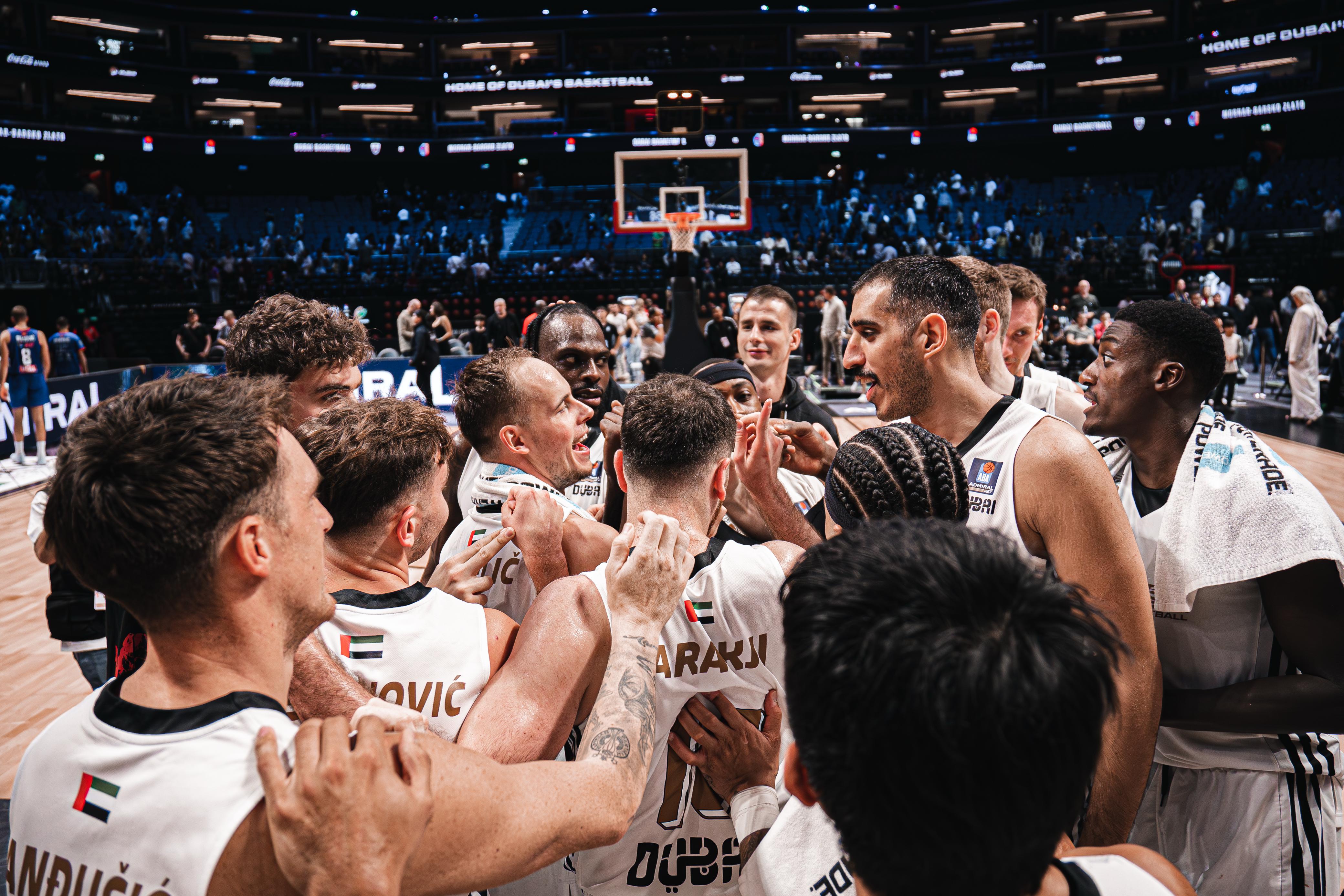 Dubai Basketball players celebrate win over Mornar of Montenegro. (Supplied)