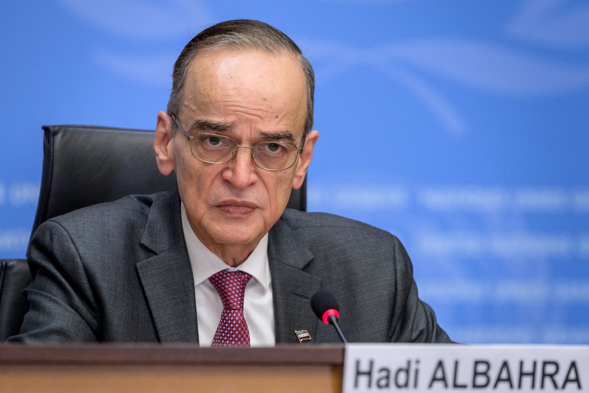 Hadi al-Bahra attends a press conference following the conclusion of the fifth round of Syrian Constitutional Committee session on January 29, 2021 at the United Nations Offices in Geneva. (File/AFP)