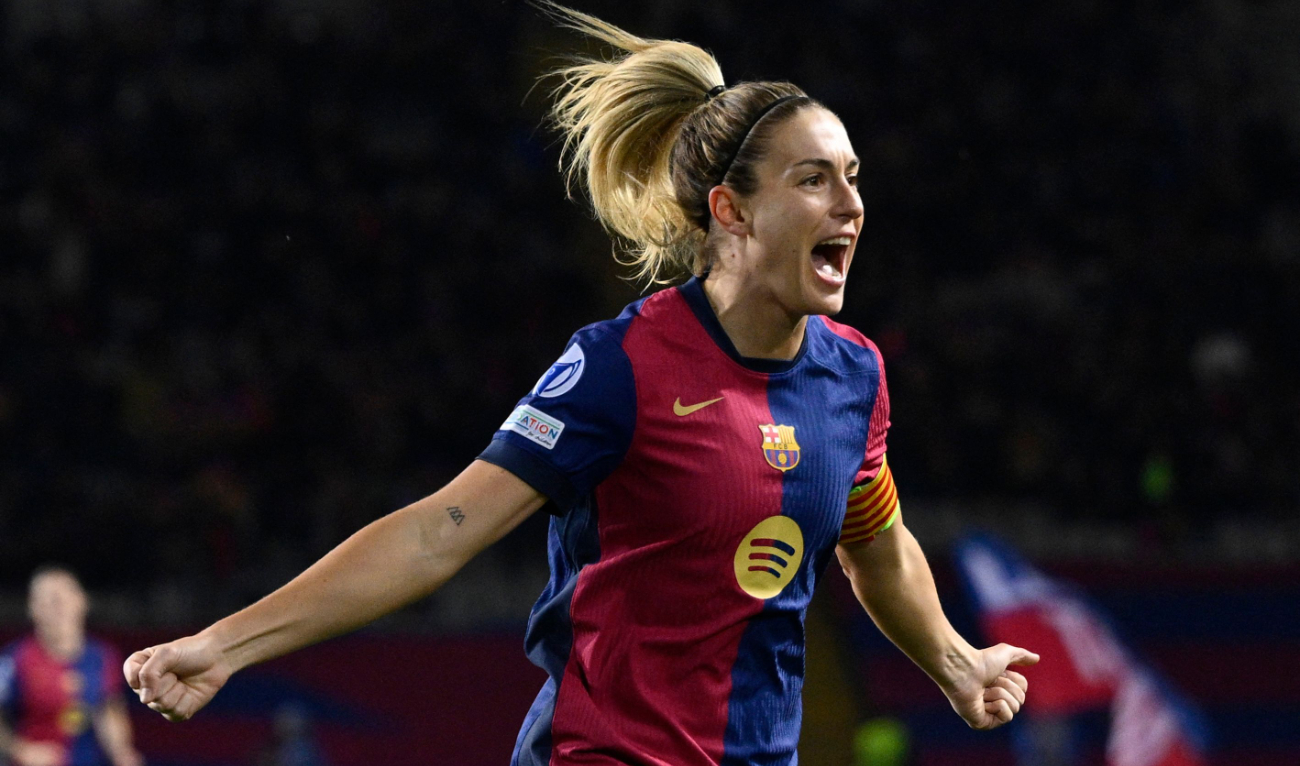 Barcelona's Spanish midfielder #11 Alexia Putellas celebrates scoring her team's third goal during the UEFA Women's Champions League preliminary round group D football match between FC Barcelona and Manchester City FC at the Estadi Olimpic Lluis Companys in Barcelona on December 18, 2024. (AFP)
