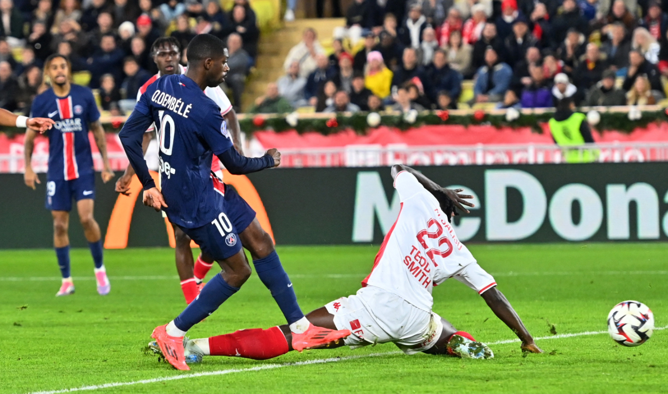 Paris St. Germain’s Ousmane Dembele scores their second goal during the Ligue 1 match between AS Monaco and Paris St. Germain at Stade Louis II, Monaco, on Dec. 18, 2024. (Reuters)