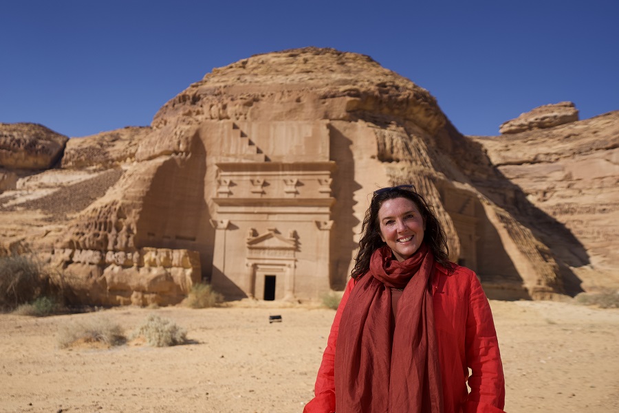 Bettany Hughes in Hegra, AlUla, during the shooting of 'Lost Worlds.' (Supplied)