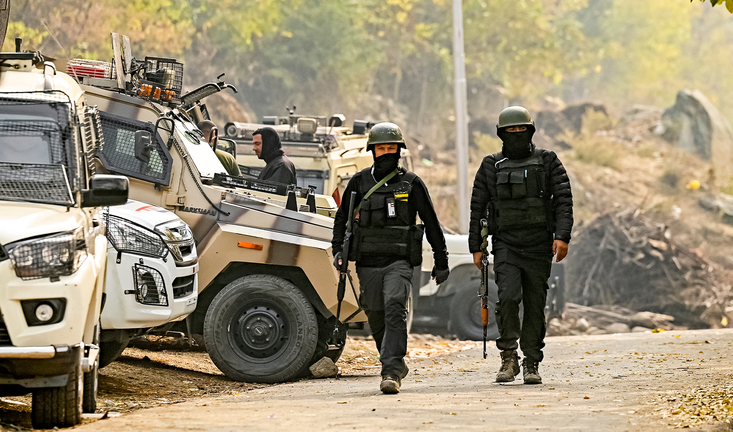 Special Operations Group (SOG) personnel patrol near the site of a gunfight between suspected militants and Indian security forces at Ishber Nishat in Srinagar on November 10, 2024. (AFP/File)