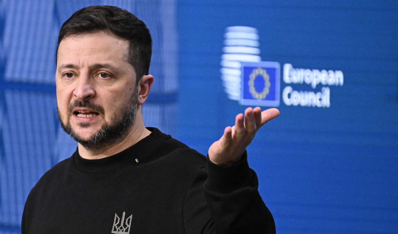 Ukraine's President Volodymyr Zelensky gestures as he speaks during a press conference after the European Council meeting at the EU headquarters in Brussels on December 19, 2024. (AFP)