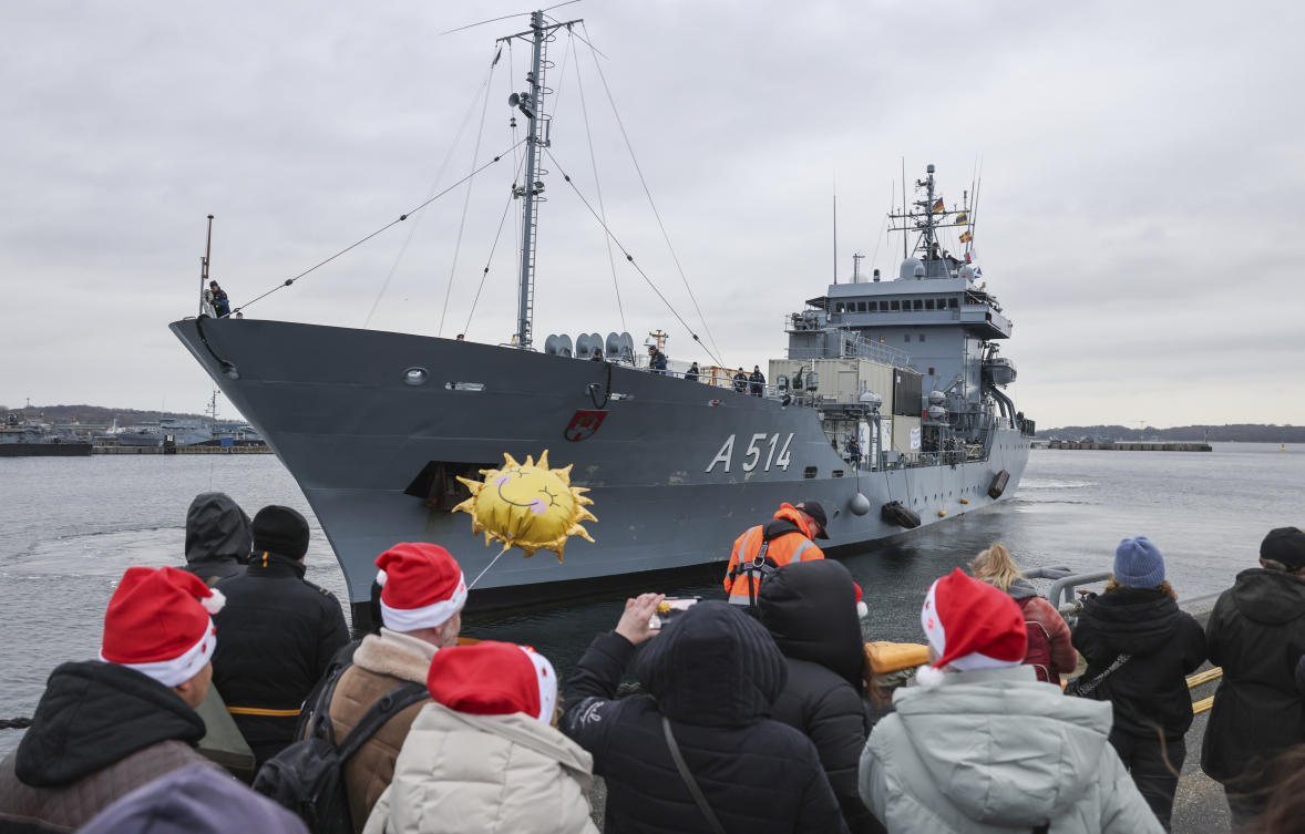 The northern Kiel-Wik port is home to German naval installations and shipyards of the defense giant Thyssenkrupp, which builds submarines there. (dpa via AP)