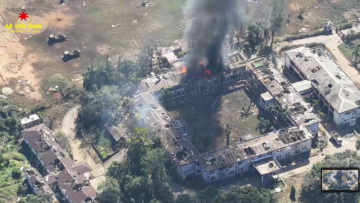 This video grab released by the Arakan Army shows burning buildings in the headquarters of the army’s western command in Ann township, Rakhine state on Dec. 17, 2024. (The Arakan Army via AP)