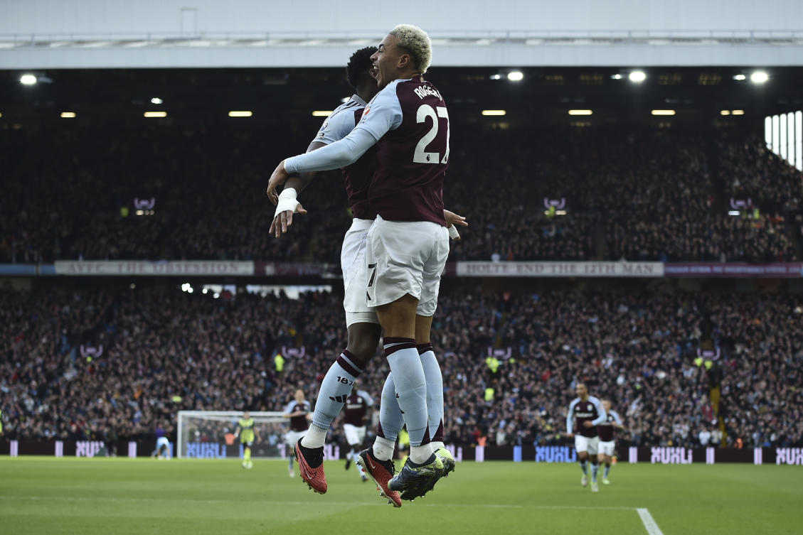 Aston Villa’s Jhon Duran, left, celebrates with Aston Villa’s Morgan Rogers after scoring the opening goal during the English Premier League soccer match between Aston Villa and Manchester City, at Villa Park in Birmingham, England, Saturday, Dec. 21, 2024. (AP)