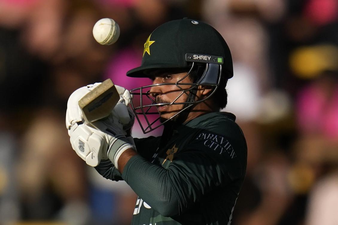 Pakistan's Saim Ayub plays a high ball during the third International cricket match between South Africa and Pakistan, at the Wanderers stadium in Johannesburg, South Africa. (AP)
