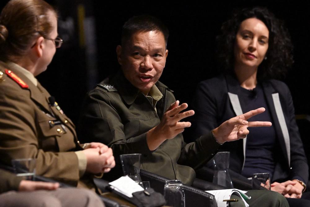 Philippine Army chief Lt. General Roy Galido said the total number of US Typhon missile systems to be acquired would depend on ‘economics.’ Above, Galido speaks during the Land Forces 2024 arms fair in Melbourne on Sept. 12, 2024. (AFP)