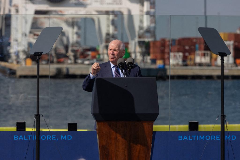 Sen. Ben Cardin (D-MD) delivers remarks ahead of US President Joe Biden's arrival at the Port of Baltimore on October 29, 2024 in Baltimore, Maryland. (File/AFP)