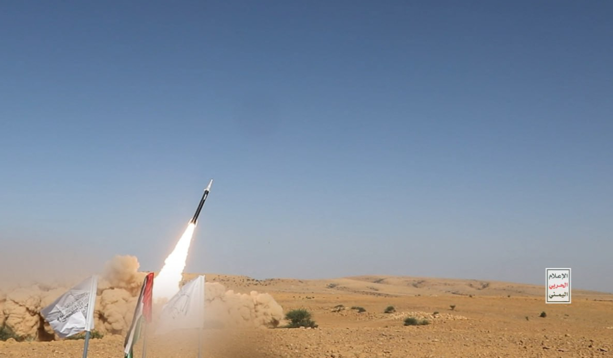 A handout picture released by Yemen's Huthi Ansarullah Media Center on September 16, 2024, shows the reported launching of a missile, named Palestine 2, as part of an attack on central Israel. (AFP)