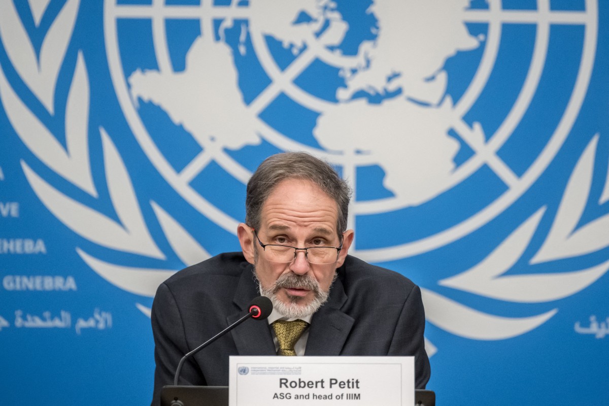 Head of the International, Impartial and Independent Mechanism for the Syria (IIIM) Canadian Robert Petit holds a press conference in Geneva on December 17, 2024.(AFP)