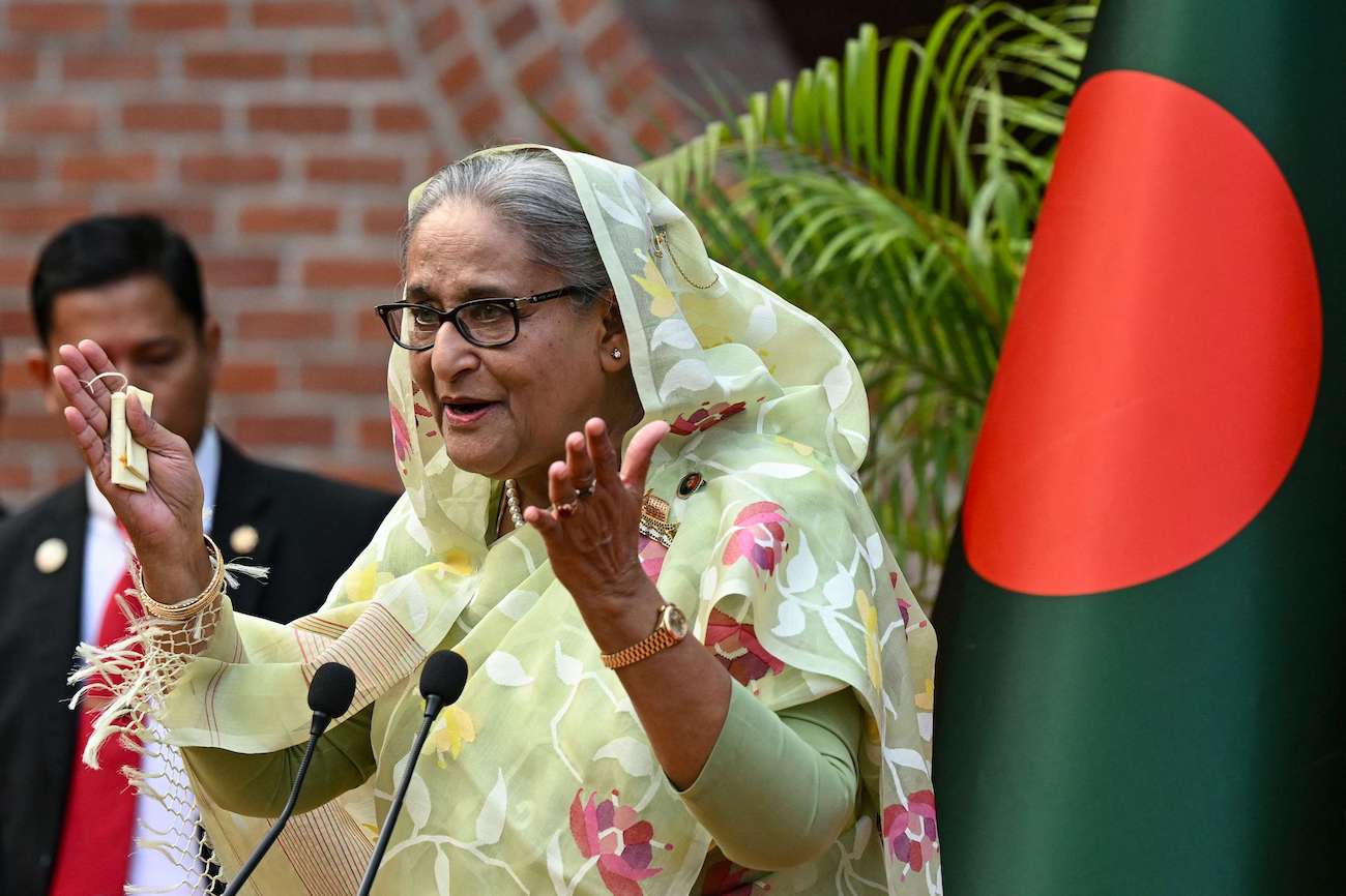 This file photo, taken on January 8, 2024, shows Bangladesh's ousted Prime Minister Sheikh Hasina during a press conference in Dhaka. (AFP/File)