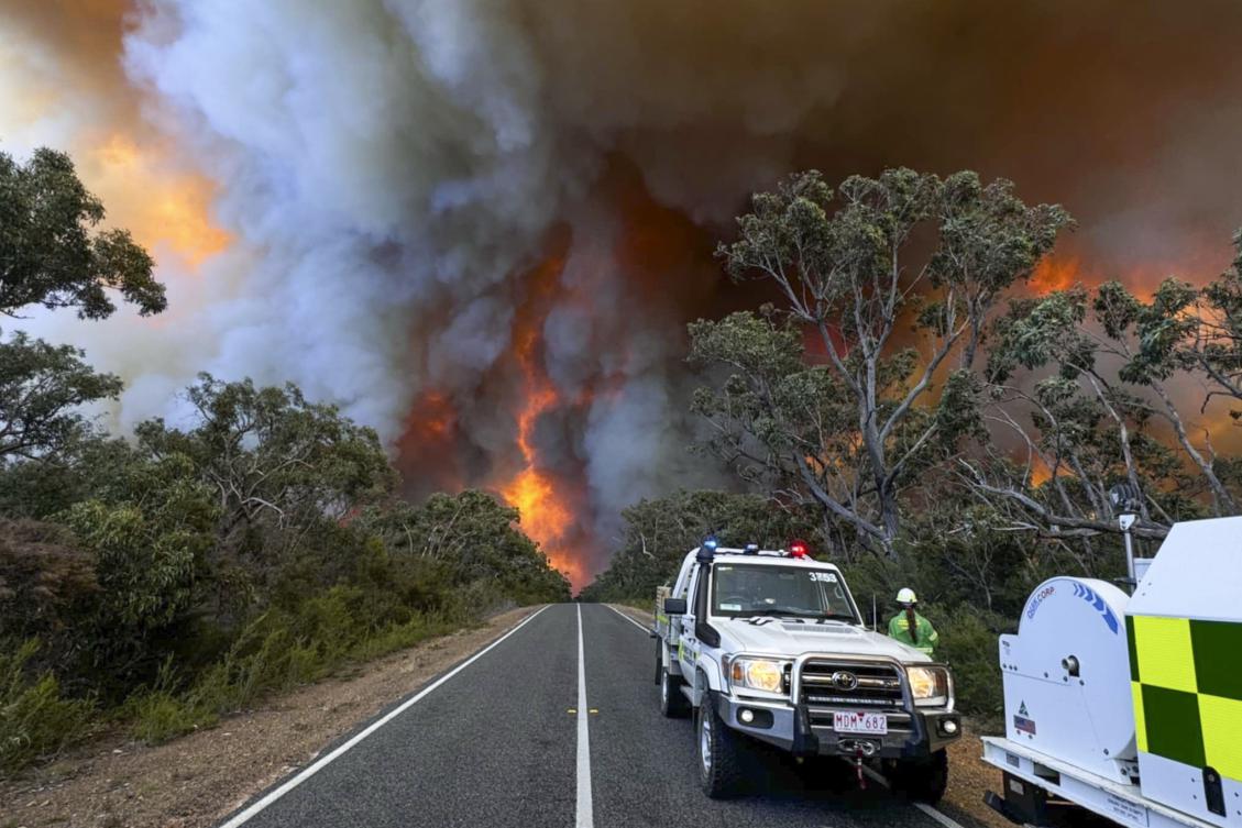 Smoke billows from an out of control bushfire in the Grampians National park, in Victoria state, Australia on Dec. 20, 2024. (State Control Centre via AP)