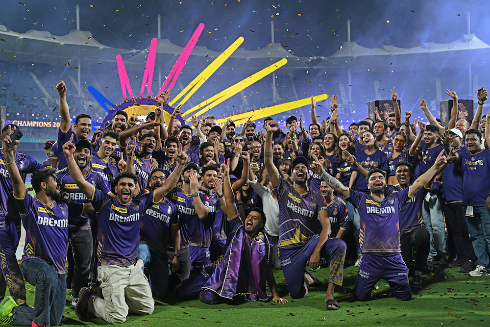 The Kolkata Knight Riders pose with the trophy after winning the Indian Premier League Twenty20 final on May 26, 2024. (AFP file photo)
